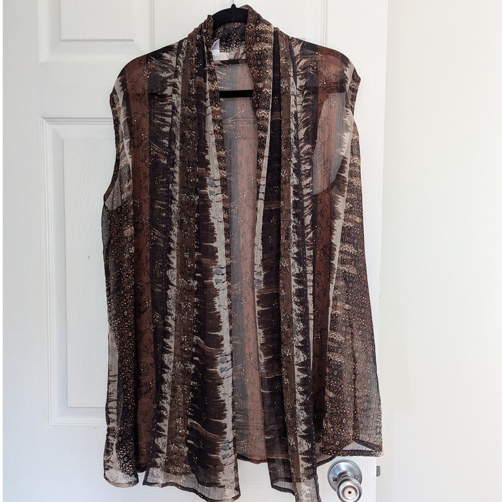 Coldwater Creek Vest Brown Sheer Batik Floral Open Front L/XL Lagenlook Artsy